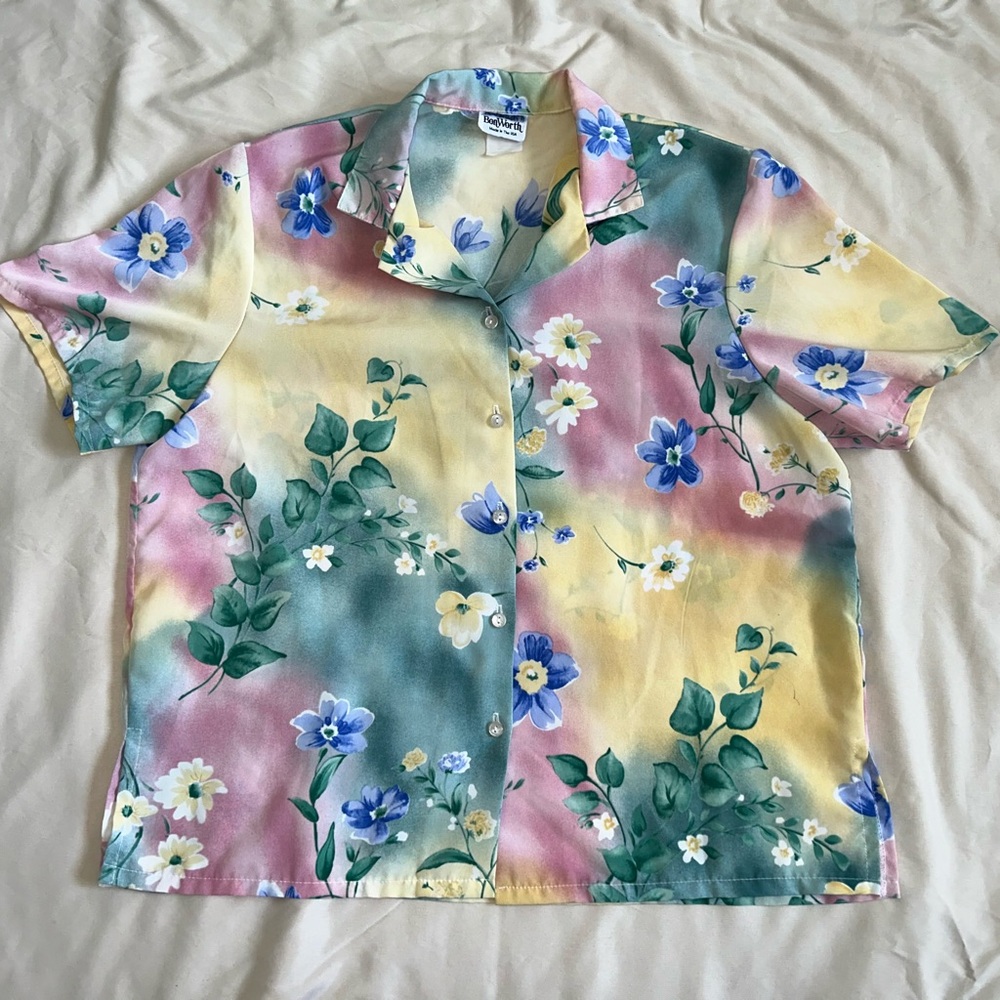 Vintage Bonworth Bright Floral Button Front Short Sleeve Shirt